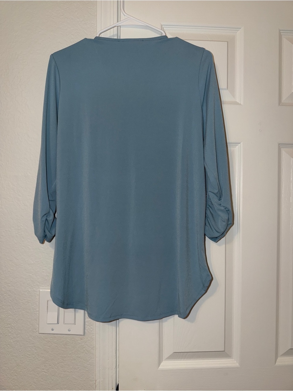 Zenana Half-Zip Roll-Sleeve Blouse - Dusty Blue - Picture 8 of 8